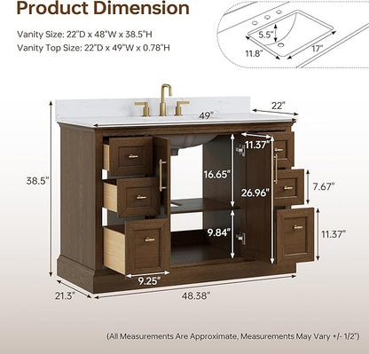 48 Inch Walnut Bathroom Vanity with Sink, Freestanding Transitional Vanities, Soft Close Parquet Doors & Dovetail Drawers, Fully Assembled Solid Wood Vanity for Bathroom Renovation