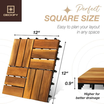 9-Piece Acacia Wood Interlocking Deck Tiles, Golden Teak Crossed | 12-Slat Cross Drainage, Non-Slip Grip, 490 lb Capacity, Protective Oil-Rubbed Finish, Flat-Surface Install, Patio Ready