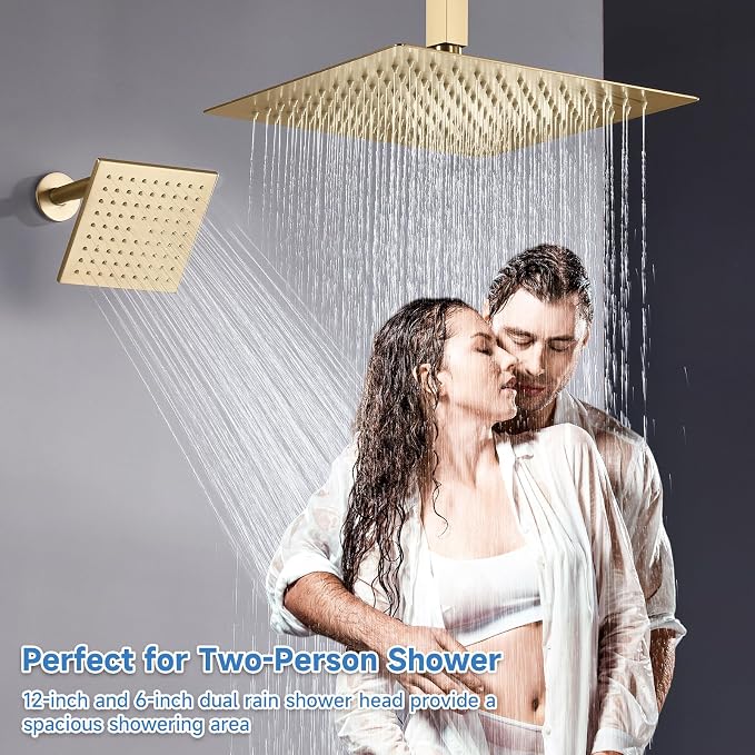 Dual Rainfall Shower Head System, Push Button Shower Faucet Set with 12" Ceiling Mount Rain shower head and 6" Wall Mount Shower Head, Pressure Balance Rough-in Valve (Brushed Gold)