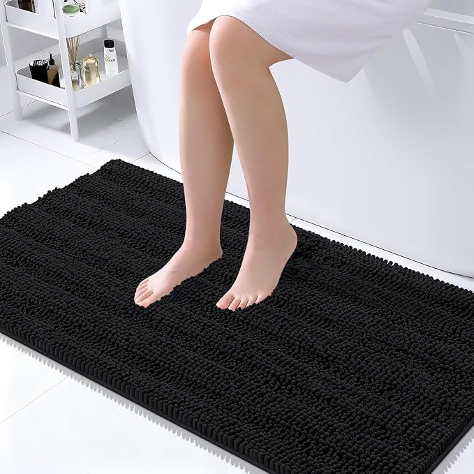 OLANLY Thick Large Bathroom Rugs 45x27, Soft Chenille Bath Rugs, Black | Absorbent Striped, Rubber Backing, Machine Wash Dry, Bath Mats for Bathroom Floor, Tub and Shower, Home Decor Accessories