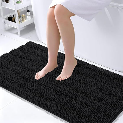 OLANLY Thick Large Bathroom Rugs 45x27, Soft Chenille Bath Rugs, Black | Absorbent Striped, Rubber Backing, Machine Wash Dry, Bath Mats for Bathroom Floor, Tub and Shower, Home Decor Accessories