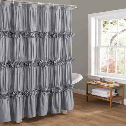Homechoice Decor Victorian Ruffle Shower Curtain, 72" W x 72" H, Gray | Vintage Handcrafted Bow Tie Bath Curtain for Master Bathroom, Ruched Microfiber Bathroom Curtain with 12 Buttonholes (LQ-10)