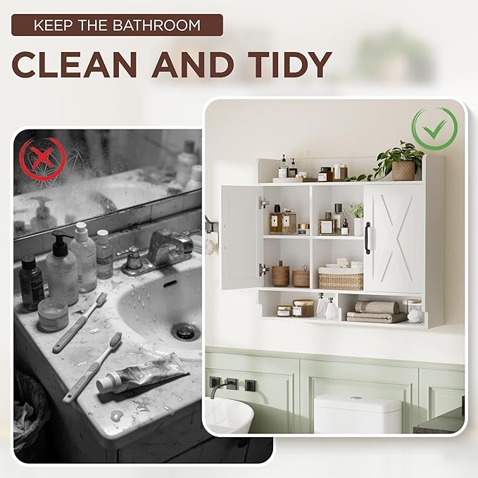 White Bathroom Wall Cabinet, Wall Mount Storage Cabinet, Floating Medicine Cabinet with 5 Open Shelves and 2 Deep Cabinets Over The Toilet for Laundry Room, Kitchen