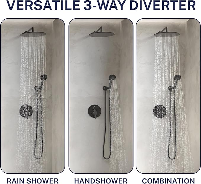HammerHead Showers Solid Metal Two Handle Shower Valve and Trim Kit Matte Black, Diverts Water, Controls Volume and Temperature, Rough-In Shower Trim Kit with Valve and Pressure Balance Shower Valve