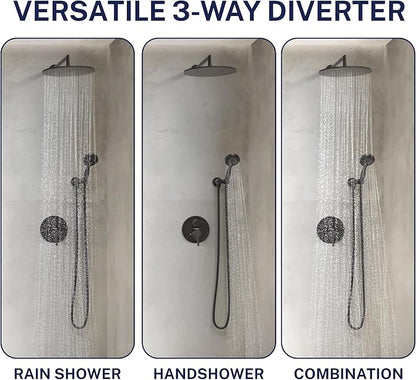 HammerHead Showers Solid Metal Two Handle Shower Valve and Trim Kit Matte Black, Diverts Water, Controls Volume and Temperature, Rough-In Shower Trim Kit with Valve and Pressure Balance Shower Valve