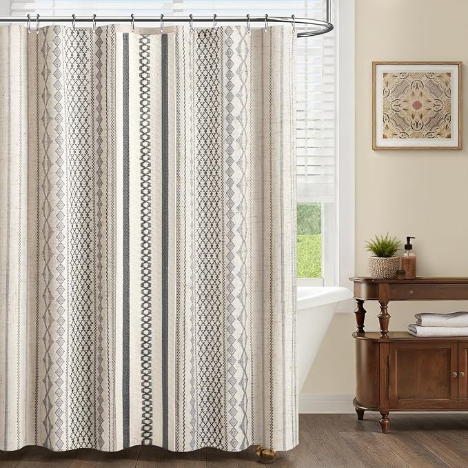 Grey Boho Shower Curtain for Bathroom,Beige Linen with Striped Print and Twine-Inspired Woven Center,72" W x 72" L