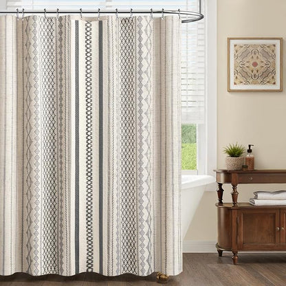 Grey Boho Shower Curtain for Bathroom,Beige Linen with Striped Print and Twine-Inspired Woven Center,72" W x 72" L