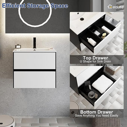 eclife 24" Bathroom Vanity Cabinet with Undermount White Sink Combo, Wall Mounted Floating Bathroom Cabinet with Colors Mixed Style, 2 Big Drawers & Matte Black Faucet