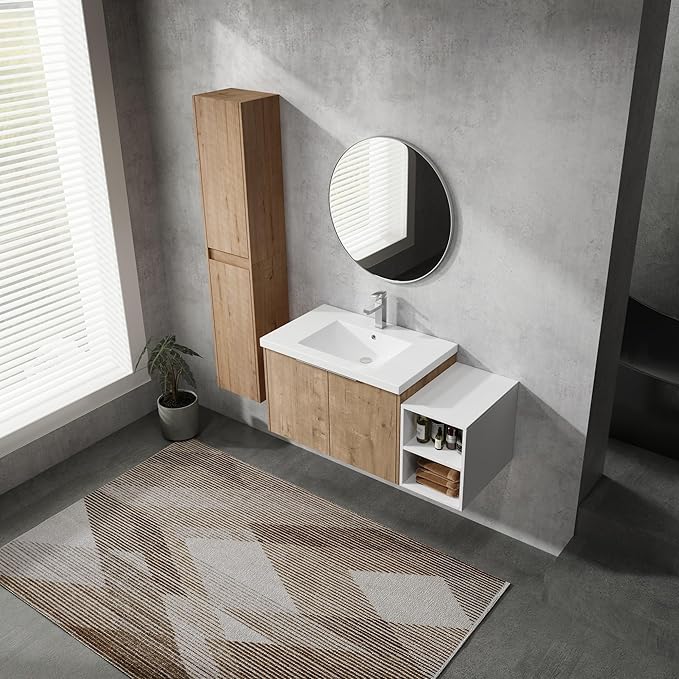 SSLine 42-Inch Single Bathroom Vanity Modern Wall Mounted Bathroom Vanity with Sink 42" Small Floating Bathroom Vanities Set with White Open Storage Shelf & 2 Side Cabinets,Brown White