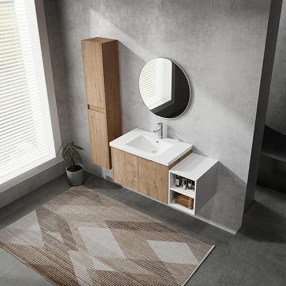 SSLine 42-Inch Single Bathroom Vanity Modern Wall Mounted Bathroom Vanity with Sink 42" Small Floating Bathroom Vanities Set with White Open Storage Shelf & 2 Side Cabinets,Brown White