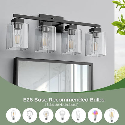 PARTPHONER 4-Light Bathroom Light Fixtures, Matte Black Modern Vanity Lights, Bathroom Lighting Fixtures Over Mirror, Square Design Farmhouse Wall Sconces with Clear Glass Shades