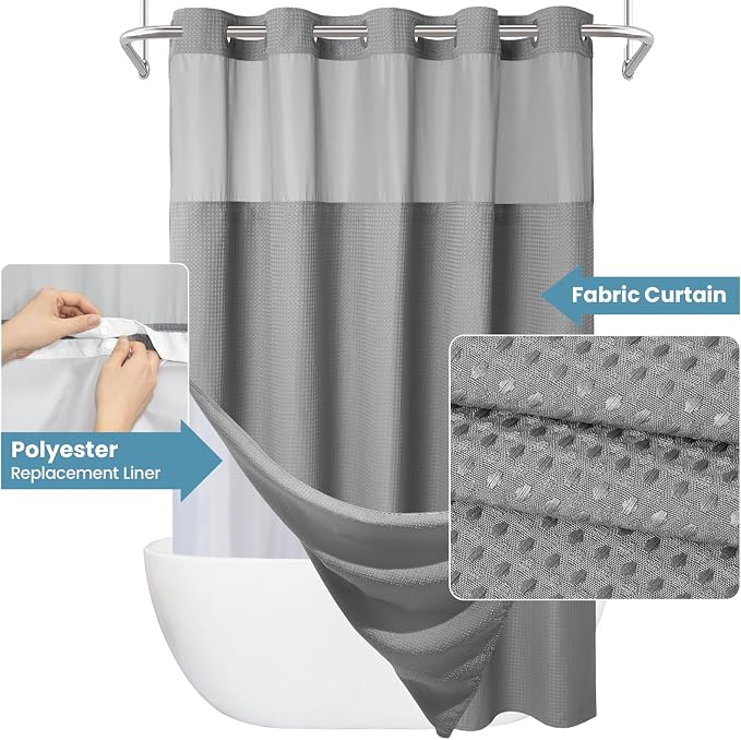 EUTXL Heavyweight No Hook Shower Curtain with Liner, Grey,71x92 | Snap in Liner, 256GSM Thick Waffle Fabric, Hotel Luxury Spa, Corner Magnets, Quick Dry, Waterproof & Washable, Extra Tall