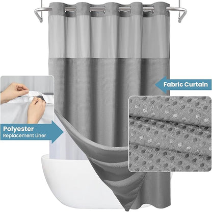 EUTXL Heavyweight No Hook Shower Curtain with Liner, Grey,71x92 | Snap in Liner, 256GSM Thick Waffle Fabric, Hotel Luxury Spa, Corner Magnets, Quick Dry, Waterproof & Washable, Extra Tall