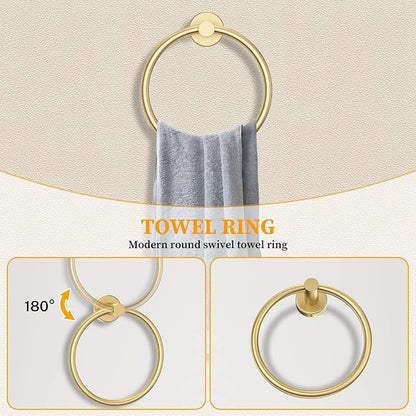 Brushed Gold Bathroom Hardware Set 6-Pieces Towel Bar Set Stainless Steel Bathroom Accessory Set 23.6 Inch Wall Mounted Towel Rack