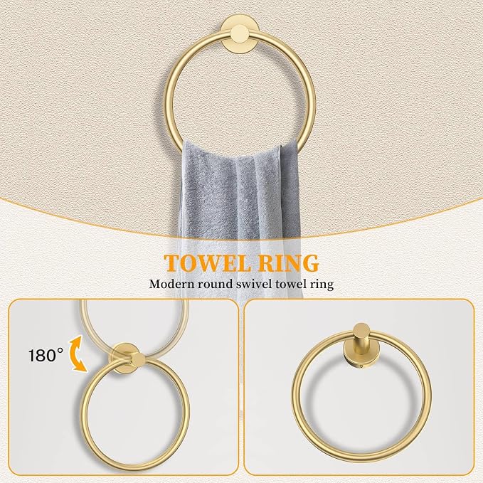 Brushed Gold Towel Bar Set 10 Pieces Round Bathroom Hardware Set Includes 23.6in Towel Bar Towel Ring Toilet Paper Holder Towel Hooks Stainless Steel Wall-Mounted Bathroom Towel Holder Set
