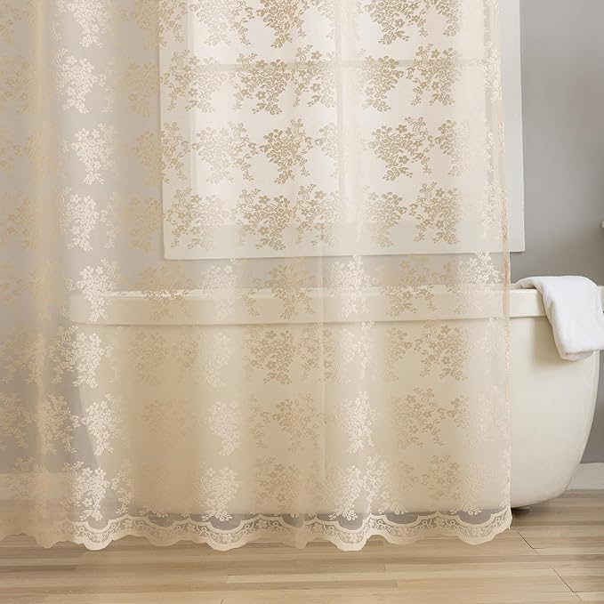 TUDECO Extra Long Beige Lace Shower Curtain with Valance, 72 x84 Inch | Antique Vintage, Floral Pattern, Tall Bathroom Curtain, Scalloped Edges, Light Filtering, Soft Privacy, Reinforced Holes