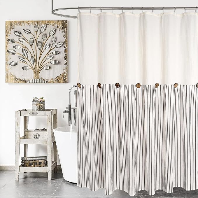 DOSLY IDÉES Farmhouse Shower Curtain, Beige and Brown Striped, Button Curtain, Spa Waffle and Cotton Woven Fabric, Rustic Charm Country Chic Style, 72x84 in