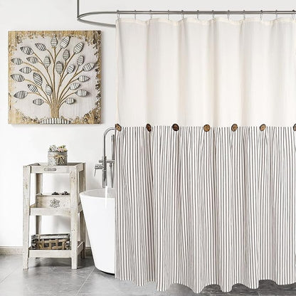 DOSLY IDÉES Farmhouse Shower Curtain, Beige and Brown Striped, Button Curtain, Spa Waffle and Cotton Woven Fabric, Rustic Charm Country Chic Style, 72x84 in