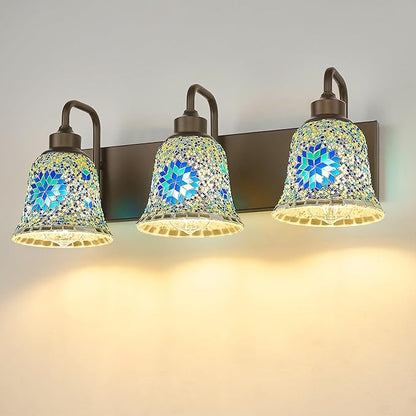 zeyu Bathroom Light Fixtures, 3-Light Bathroom Vanity Light, 22 Inch Modern Wall Sconces with Blue Mosaic Glass, Oil Rubbed Bronze Finish, ZSL72B-3W ORB-BL