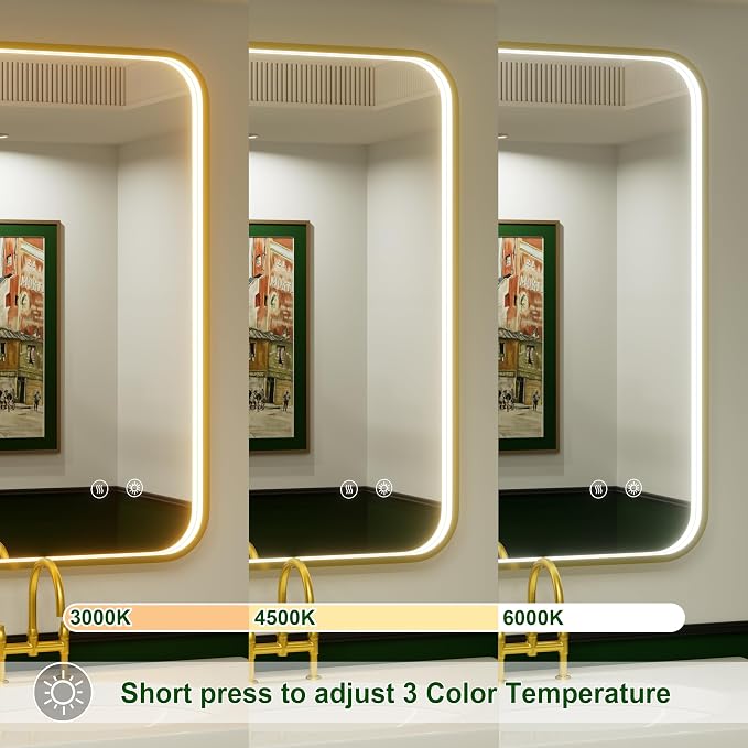 20x28 Inch Gold LED Bathroom Mirror with Lights,3000K/4500K/6000K | Stepless Dimmable, Memory Funtion,Anti-Fog, Aluminum Frame Wall Mount Lighted Bathroom Vanity Mirror, ETL Listed, Waterproof