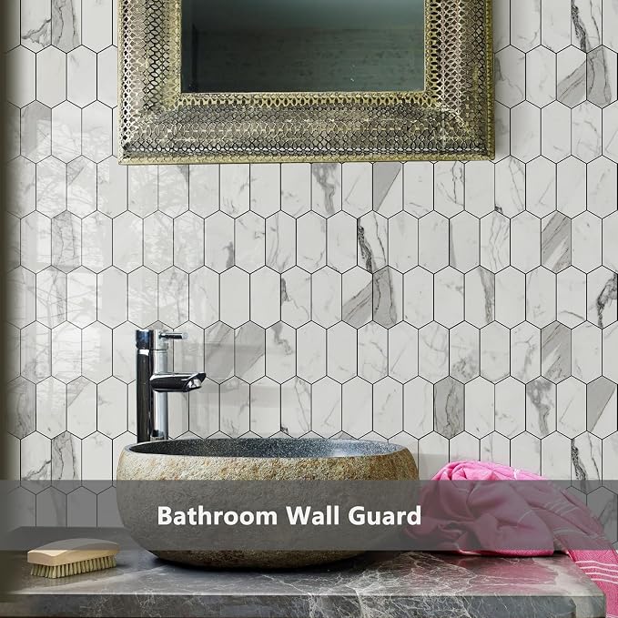 Vamos Tile Long Hexagon Peel and Stick Backsplash Tile - 10 Sheets Stick on Backsplash for Kitchen and Bathroom 12.4 x 12 Inch Glossy Carrara White PVC Self Adhesive Mosaic Wall Tiles