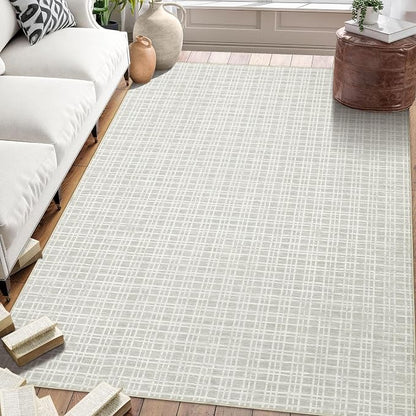 Washable Area Rug 9x12 Rug for Living Room Modern Plaid Large Area Rug for Bedroom Decor Farmhouse Non Slip Throw Rugs Low Pile Stain Resistant Carpet for Office Dining Room 9'x12' Light Grey