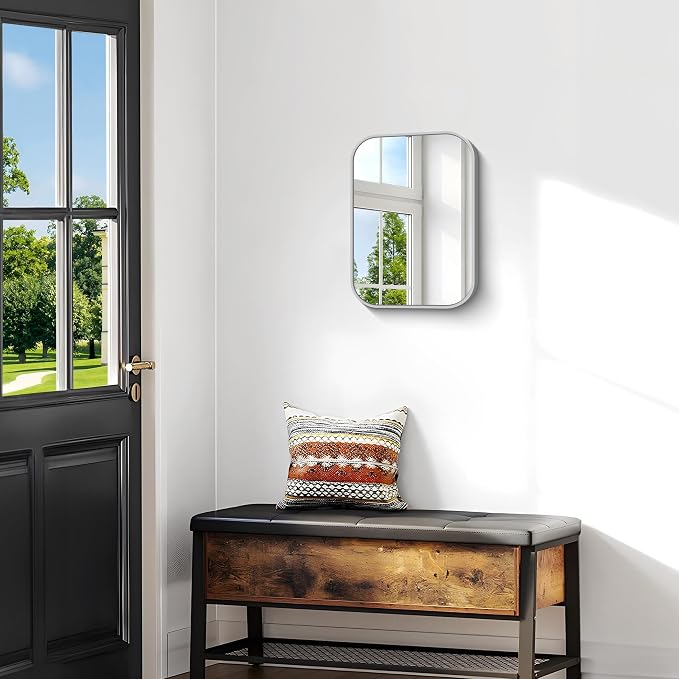 BONEWEI Silver Bathroom Mirror,16x20 inch Wall Mirror for Bathroom Wall Mounted,Rectangle Mirror for Bathroom Over Sink,Modern Frame Round Corner for Living Room,Bedroom Entryway,Horizontal/Vertical