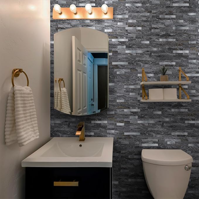 StyloVue 20 Sheets Peel and Stick Backsplash for Kitchen, Gray-Gold Stone with Metal Silver Look Stick on Tile Upgrade Your Kitchen Backsplash, RV, Fireplace
