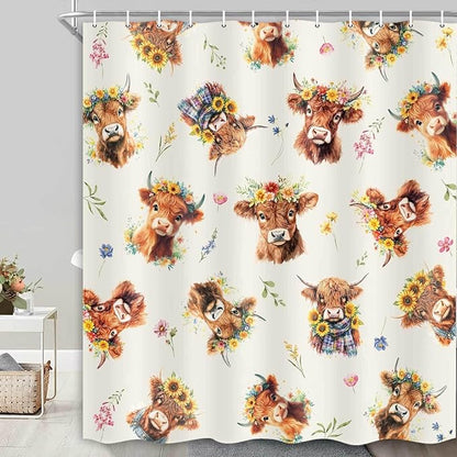 Highland Cow Shower Curtain, Sunflower Floral Wreath Cow Print Farmhouse & Country Style Fun Shower Curtain for Bathroom, Fabric Polyester Bathroom Curtains Set with Hooks, 72X72inch