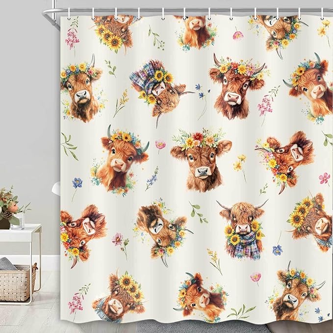 Highland Cow Shower Curtain, Sunflower Floral Wreath Cow Print Farmhouse & Country Style Fun Shower Curtain for Bathroom, Fabric Polyester Bathroom Curtains Set with Hooks, 71x84inch.