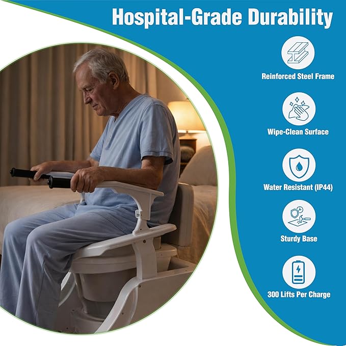 EaseLift Powered Toilet Lift Bedside Commode Kit Incl Electric Height Adjustable Elevated Seat Riser 440lbs Capacity Rechargeable Battery Incl