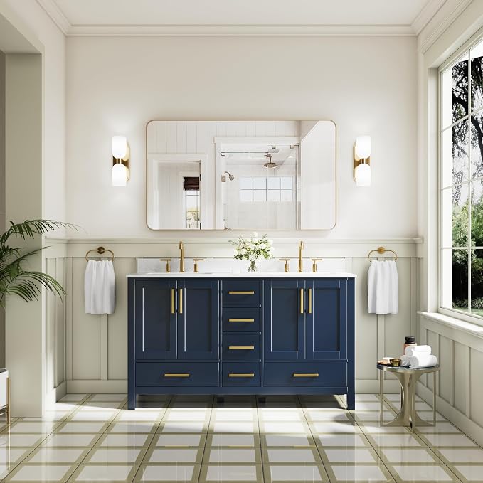 60-Inch Bathroom Vanity with Sink, Bathroom Freestanding Vanity W/ 4 Doors and 6 Drawers, Solid Wood Cabinet Vanity with Cultured Marble Countertop, Navy Blue Vanity& Brushed Gold Handles