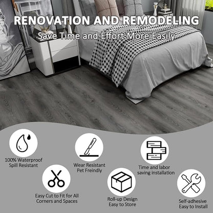 Lareko Wood Look Vinyl Flooring Roll,11.8"X197",Peel & Stick Floor Tile | Covers 16 Sq.Ft,Waterproof,Removable,Wide Plank DIY For renters and Home Decor ,Grey Oak Wooden Self-Adhesive Floor Sheet