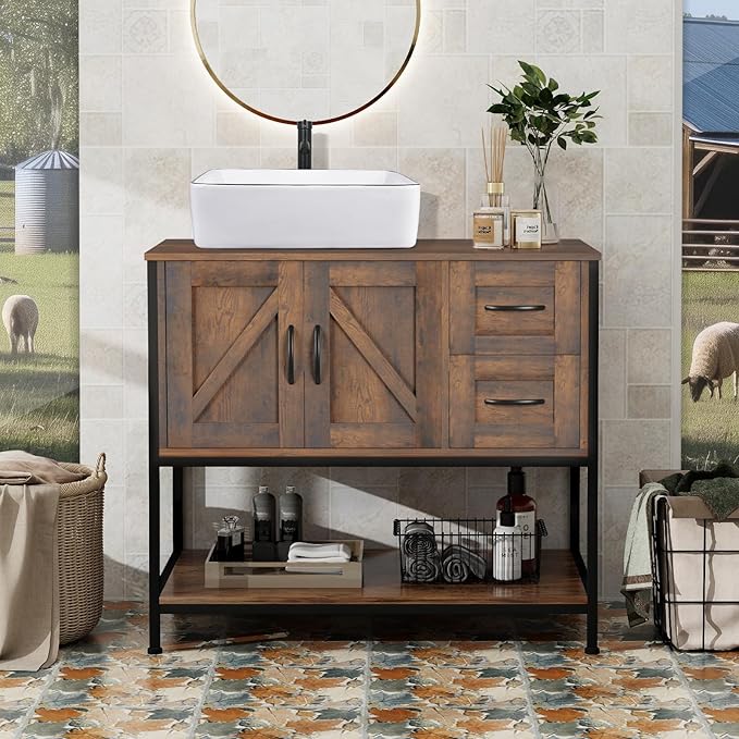 YOURLITE Bathroom Vanity, 36" Bathroom Vanity with Sink Combo Set, Rustic Farmhouse Modern Bathroom Cabinet with White Ceramic Vessel Sink