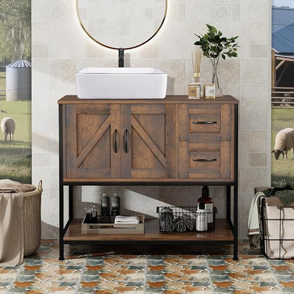 YOURLITE Bathroom Vanity, 36" Bathroom Vanity with Sink Combo Set, Rustic Farmhouse Modern Bathroom Cabinet with White Ceramic Vessel Sink