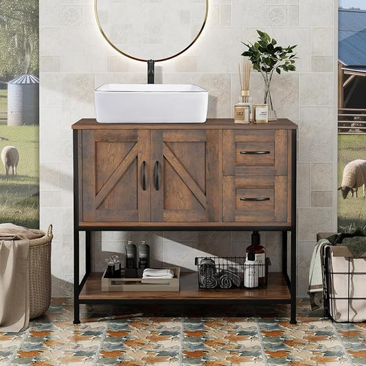 YOURLITE Bathroom Vanity, 36" Bathroom Vanity with Sink Combo Set, Rustic Farmhouse Modern Bathroom Cabinet with White Ceramic Vessel Sink