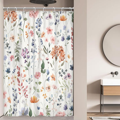 Boho Flower Narrow Colorful Floral Wildflower Bathroom Shower Curtain Set | 48"W x 72"H Leaves Plants; waterproof HD print, quick-dry fabric and plastic hooks for easy setup.