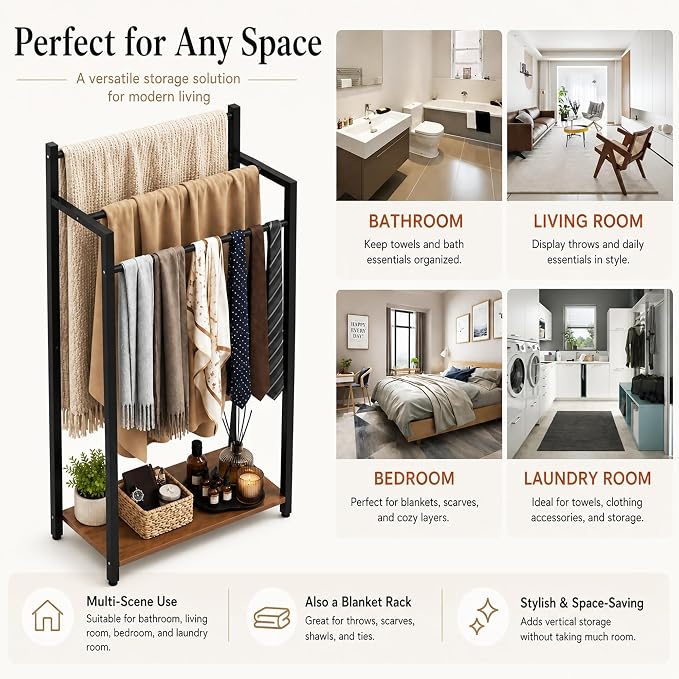 16.9" W Freestanding Towel Rack with Rustic Brown Wood Shelf | 3 Tier Blanket Ladder Stand for Bathroom Living Room, Metal Frame,31.5"H x 16.9"W x7.9"D