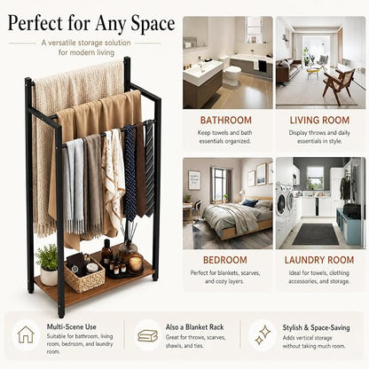 16.9" W Freestanding Towel Rack with Rustic Brown Wood Shelf | 3 Tier Blanket Ladder Stand for Bathroom Living Room, Metal Frame,31.5"H x 16.9"W x7.9"D