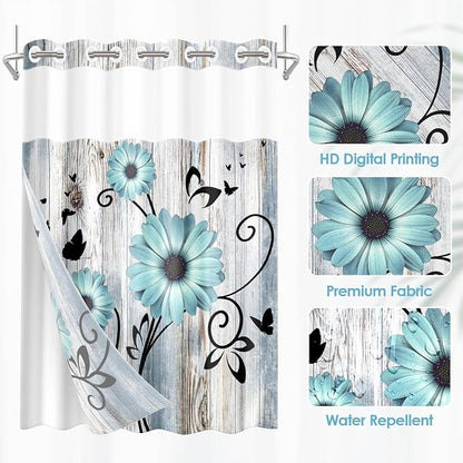 No Hook Shower Curtain with Snap in Liner 71x74 Inch Flower Teal | Rustic Daisy Farmhouse Modern Double Layers Waterproof Fabric with See Through Top Window Open Grommet Bath Curtain