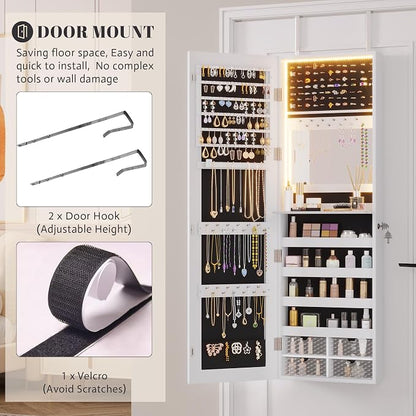 Vlsrka 47.2" LED Jewelry Cabinet, Wall Mounted Jewelry Mirror Organizer | Over the Door Hanging Jewelry Armoire Organizer, large Lockable Full Length Mirror with Jewelry Storage for Women, White