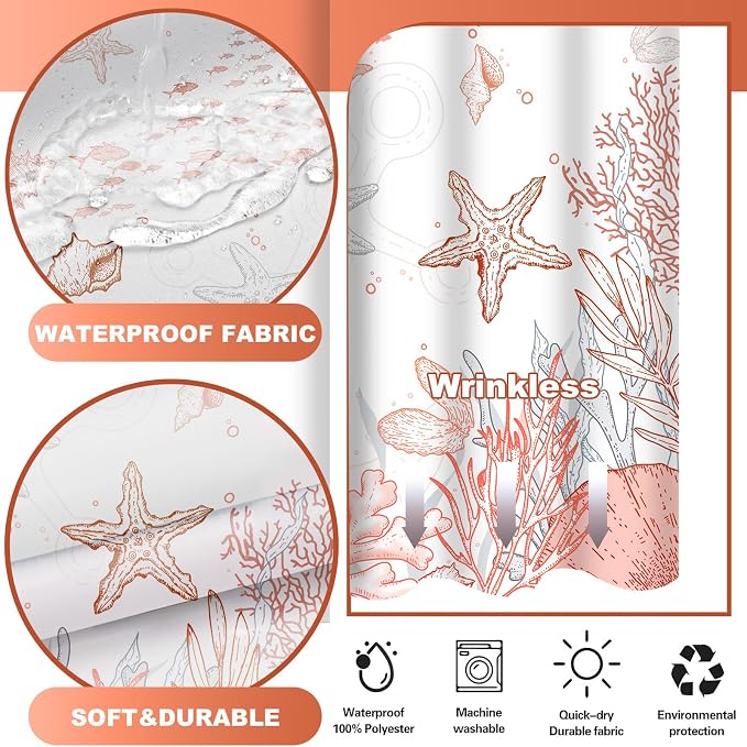 No Hook Shower Curtain and Liner Set, Coral Beach Coastal 71x74 | Nautical Ocean for Bathroom, with Snap in Liner Replacement, Mesh Top Window, Waterproof, Machine Washable, Quick-Drying