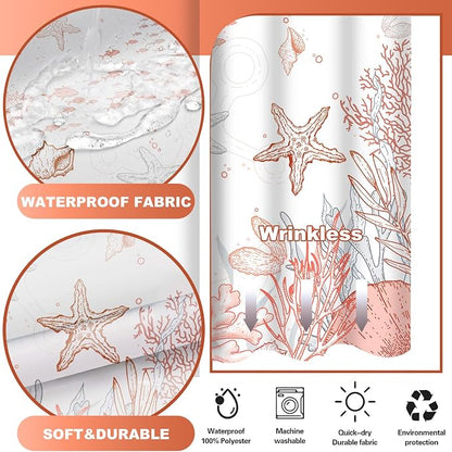 No Hook Shower Curtain and Liner Set, Coral Beach Coastal 71x74 | Nautical Ocean for Bathroom, with Snap in Liner Replacement, Mesh Top Window, Waterproof, Machine Washable, Quick-Drying