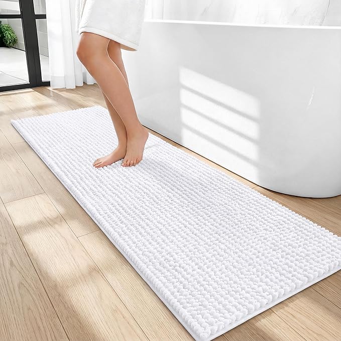 OLANLY Thick Chenille Bathroom Runner Rugs 47x17, Absorbent Bath Mat, White | Soft Bath Rugs, Rubber Backing, Machine Wash Dry, Bath Mats for Bathroom, Tub and Shower, Home Decor Accessories