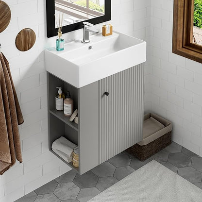 Merax Floating Bathroom Vanity with Sink Combo, 20" Wall Mounted Cabinet with Wood Stripes Decor, Open Shelf, One Piece Sink Basin Bathroom Vanity, Gray