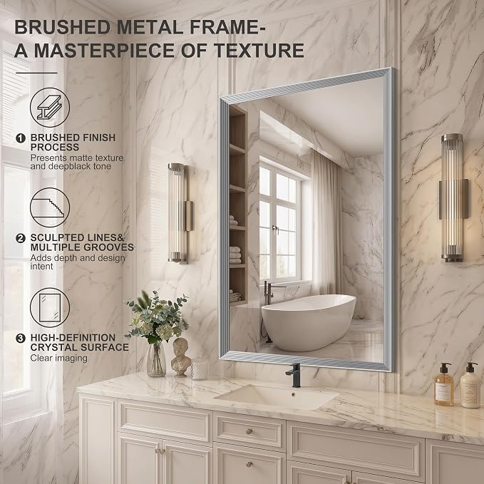 DESBING 30"x42" Silver Bathroom Mirrors for Over Sink | Tempered Glass, Metal Frame, Rectangle Vanity Wall Mirror for Bathroom, Living Room, Bedroom, Horizontally or Vertically