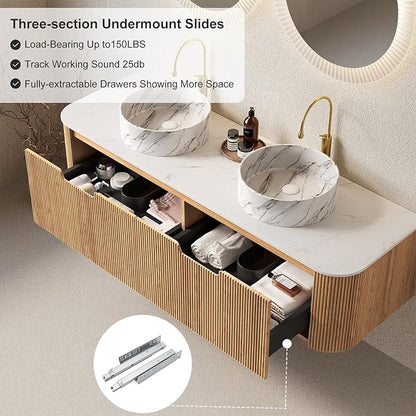 60 inch Bathroom Vanity with Double Sink, Floating Bathroom Vanities with Ultra-Thin Marble Basin and Countertop, 2 Large Soft-Closing Storage Drawers, Pre-Assembled Cabinet, Nature Wood