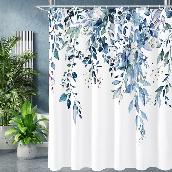 Blue Eucalyptus Shower Curtain, Watercolor Floral Print, 108x72 | Watercolor Plant Leaves Floral Print, Extra Wide Waterproof Fabric Bathroom Decor, Machine Washable, Rustproof Grommets