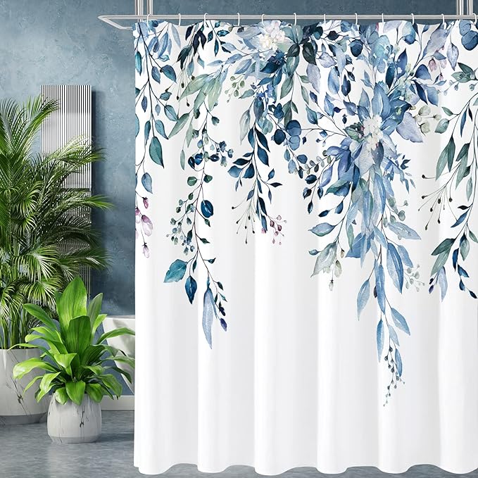 Blue Eucalyptus Shower Curtain, Watercolor Floral Print, 72x96 | Watercolor Plant Leaves Floral Print, Extra Long Waterproof Fabric Bathroom Decor, Machine Washable, Rustproof Grommets
