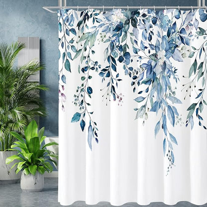 Blue Eucalyptus Shower Curtain, Watercolor Floral Print, 72x72 | Watercolor Plant Leaves Floral Print, Waterproof Fabric Bathroom Decor, Machine Washable, Rustproof Grommets